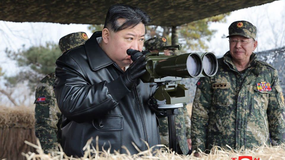 North Korean leader Kim Jong Un inspects an artillery firing drill of the Korean People's Army on March 7, 2024. - KCNA