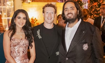 Mark Zuckerberg (centre) wearing Alexander McQueen at the pre-wedding celebration of Radhika Merchant and Anant Ambani