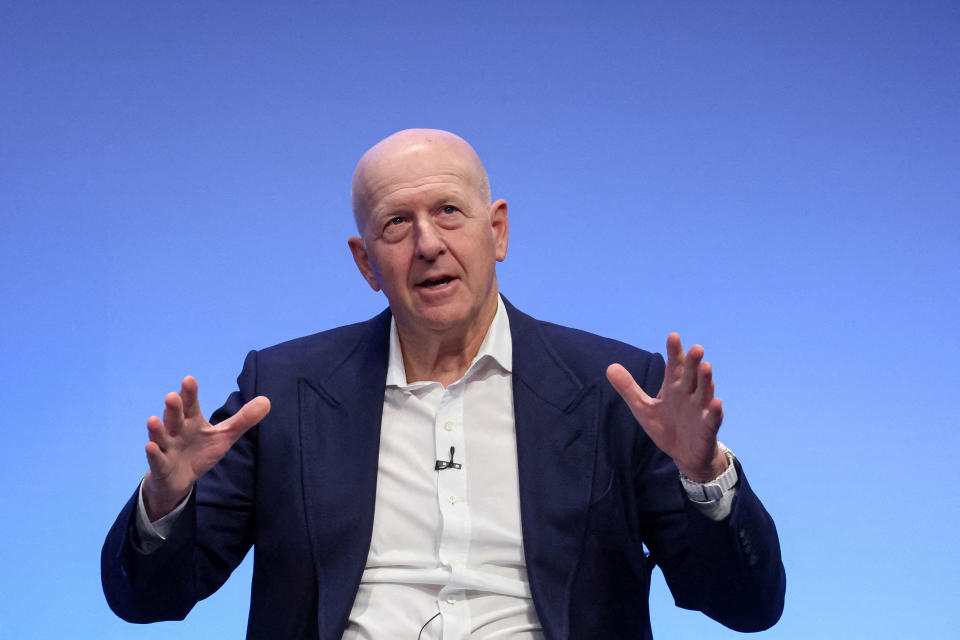 FILE PHOTO: Goldman Sachs chairman and CEO David Solomon speaks during Goldman Sachs analyst impact fund competition at Goldman Sachs Headquarters in New York City, U.S., November 14, 2023. REUTERS/Brendan McDermid/File Photo