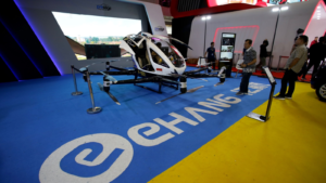 Flying taxi or Car-drone-EHang 216 exhibited by Prestige Image Motor Cars at the 2023 Indonesia International Motor Show (IIMS) at JIExpo Kemayoran. EH stock